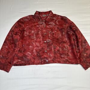 Chicos 3 Womens XL Jacket Silk Blend Blazer Red Metallic Floral Button Front EUC